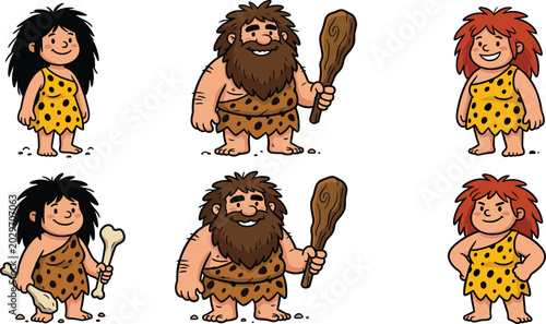 Quadro su tela Cute Cartoon Caveman and Cavewoman Prehistoric Character Vector Set with Primiti