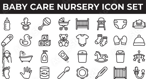 Baby care and nursery icon set featuring essential infant items in a clean minimalist line art style