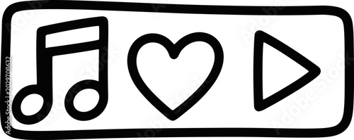 Tableau sur toile Doodle music player interface with note, heart, and play button icons