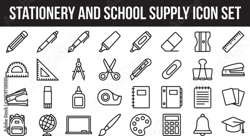 Stationery and school supply icon set featuring education tools and office equipment in a clean line style