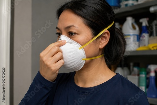 Woman Pinches N95 Nose Clip to Seal Mask Before Hantavirus Cleanup