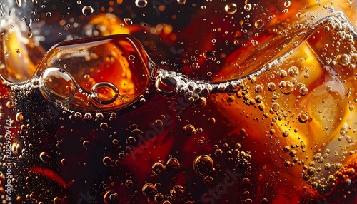 A close-up of a fizzy dark beverage with ice cubes