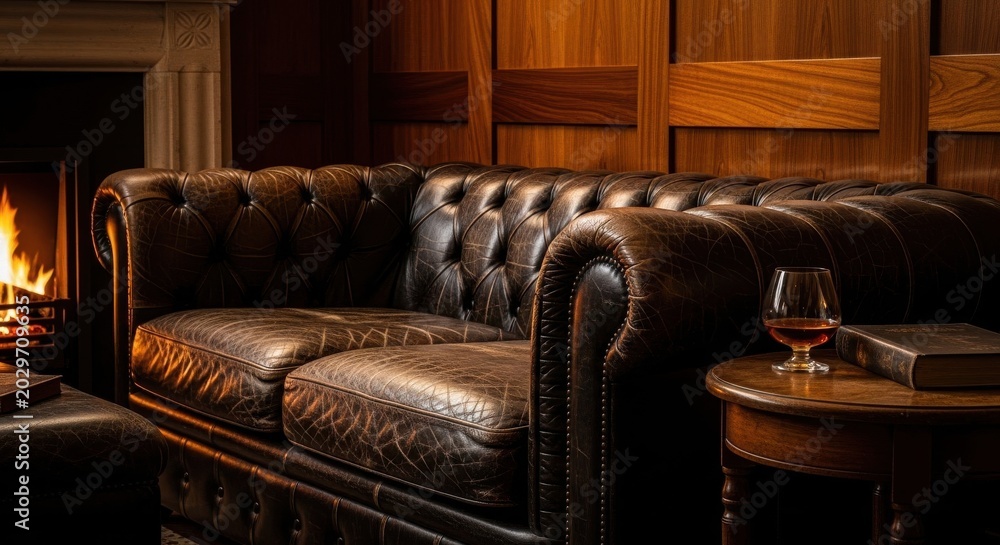 Naklejka premium A dark distressed leather chesterfield sofa with tufted upholstery and ornate detailing in a classic interior setting