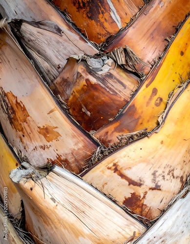A close-up of a palm tree's brown and yellow peeling bark
