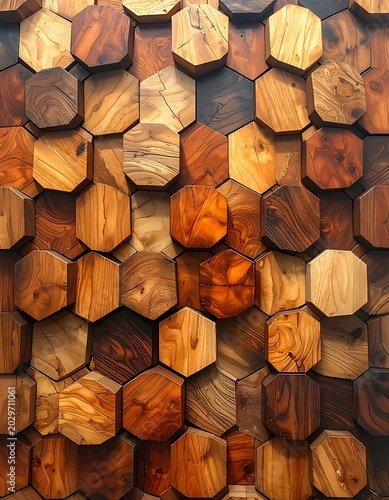 A close-up of a wall composed of numerous hexagonal wooden blocks
