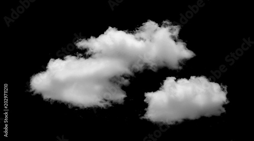 Valokuva Set of realistic white clouds isolated on black or transparent background, soft cloud overlay, floating sky element, weather effect, cloud texture for design, compositing and visual effects