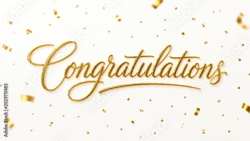 Elegant golden congratulations lettering with sparkling confetti on bright white background