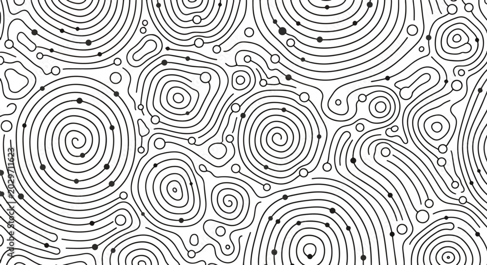 Fototapeta premium Abstract vector seamless pattern with topographic lines and dots representing data flow and connections.