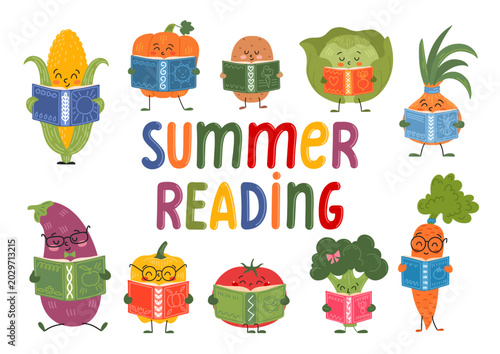 Summer reading books vegetables characters poster. Colorful hand drawn lettering with smart vegetables group for kids school education and library design. Hand drawn lettering text Summer Reading