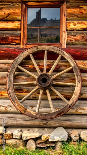 Old wooden wagon wheel on log cabin.