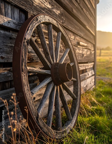 Old wooden wagon wheel on rustic barn.