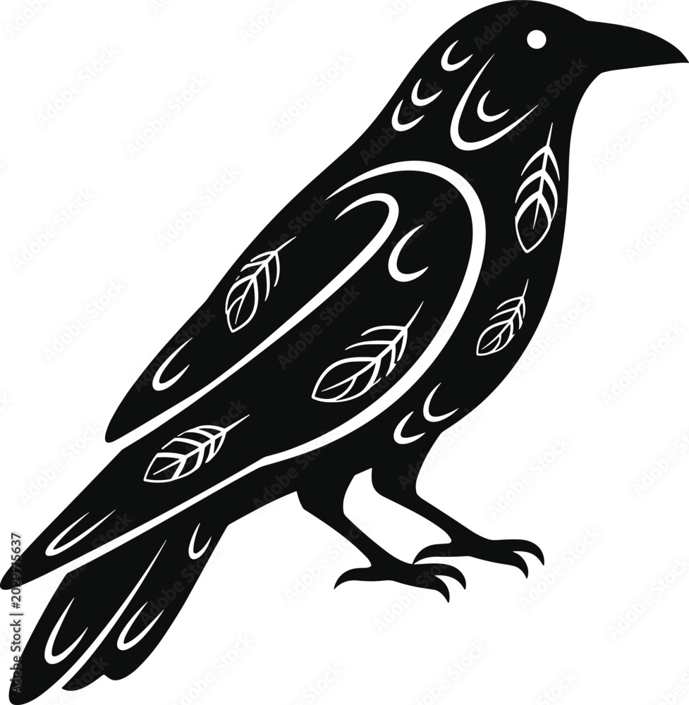 Fototapeta premium Tribal Raven Silhouette with Feather Motifs on White Background