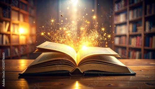 Enchanted Open Book Emitting Golden Magical Sparks