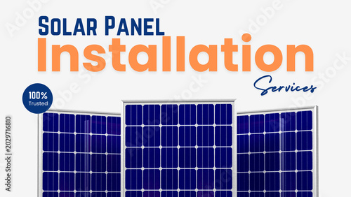 Solar Panel Installation Services Horizontal Banner — 100% Trusted, Three Panel Display | Navy Blue Orange Professional Solar Service Wide Banner Template