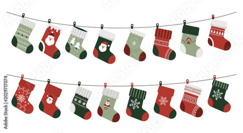 Festive display of colorful Christmas stockings with various holiday patterns like Santa, snowflakes, and trees hanging from strings.