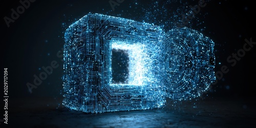 A digital vault made of glowing blue circuit lines protecting a glowing white core, dark background, concept of extreme data security