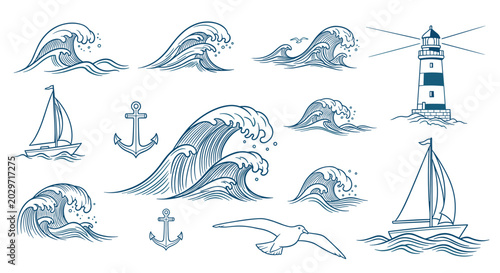 Set of classic nautical sketches featuring ocean waves, a lighthouse, sailboats, anchors, and a seagull in a traditional blue ink style.