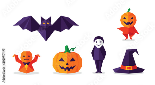 Set of Halloween icons in a unique origami or low-poly style featuring a bat, pumpkins, a vampire, and a witch's hat.