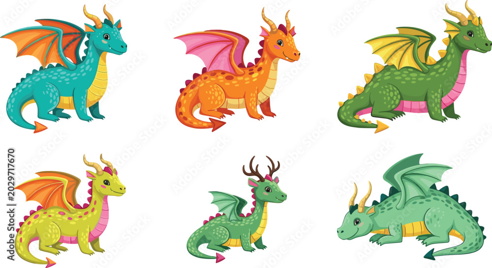 Obraz premium Cute Magic Dragon Cartoon Character Vector Icon Set with Friendly Colorful Baby Dragons and Wings for Kids Book and Fantasy Game Designs
