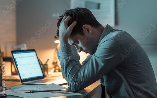 Man stressed at desk with laptop in dim office light.