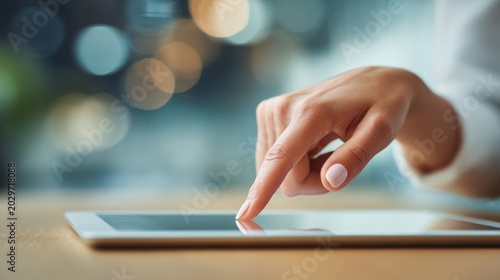 Womans hand on tablet computer