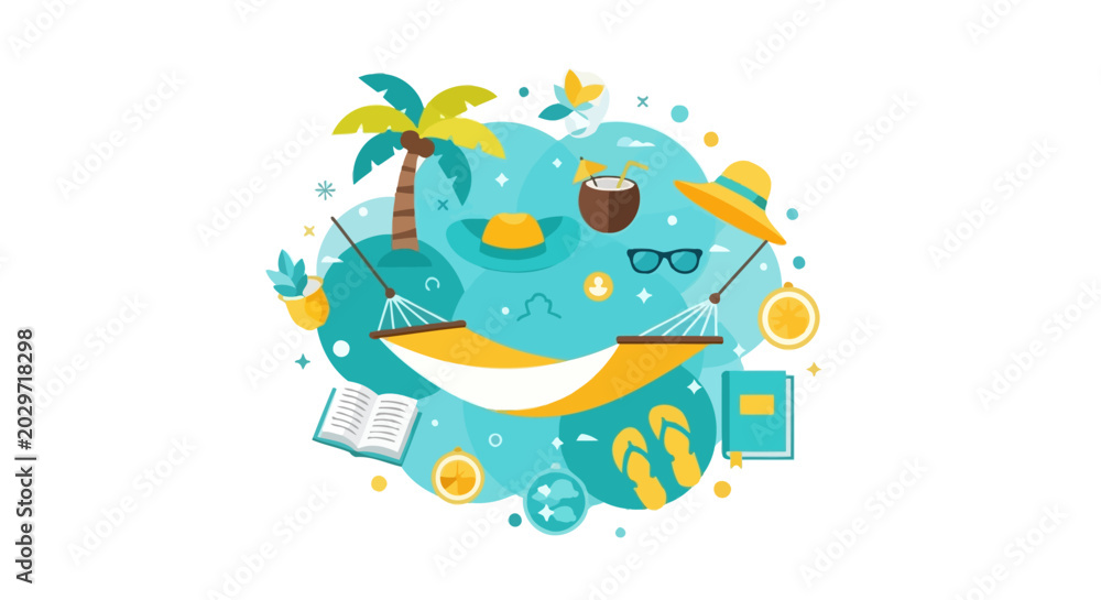 Naklejka premium Tropical Summer Vacation Concept with Hammock, Palm Tree, and Travel Accessories Flat Illustration