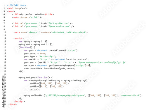 Photos HTML programming code syntax on white background for web developer