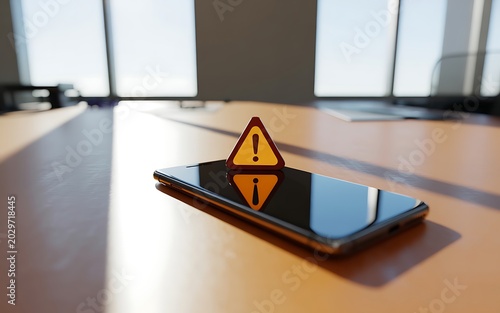 Warning sign on smartphone screen on polished table surface.