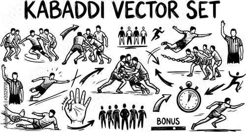 Kabaddi Vector Set: Hand-drawn Black  White Line Art of Players, Actions, Referee  Sport Elements for Indian Game Illustration.