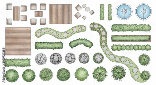 Outdoor Patio Furniture and Garden Pathway Vector Kit for Landscape Design Plans