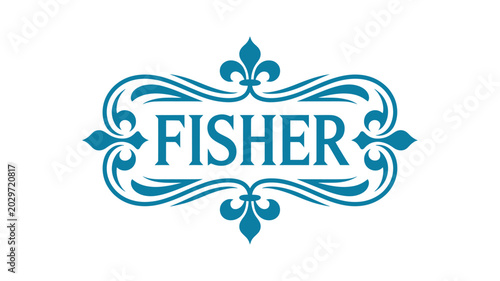 Photos Blue decorative fisher family name plaque with ornate scrollwork flourishes and symmetrical floral elements in a classic design
