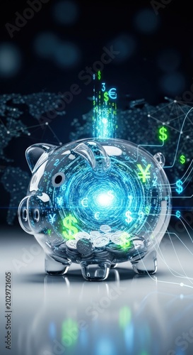 Digital piggy bank with glowing currency symbols and financial data visualization.