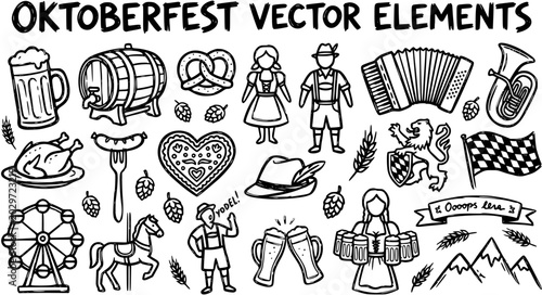 Oktoberfest Vector Elements: Hand-Drawn Black  White Line Art Icon Collection of German Beer Festival, Bavarian Culture  Celebration Symbols.