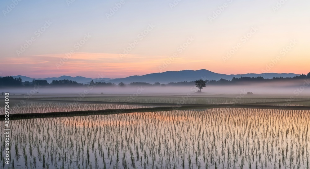 Fototapeta premium Serene morning mist drifts across a wet rice paddy field with distant hills and a vibrant sunrise sky.