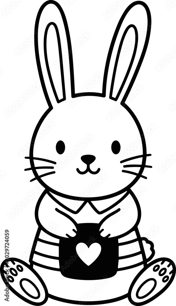 Obraz premium Cute Hand-Drawn Bunny Holding Heart Icon, Black and White Illustration