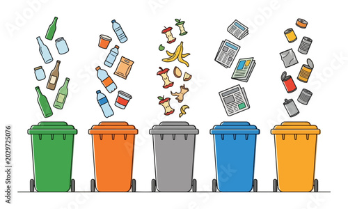 Fotografie Waste segregation bins with falling trash items illustration