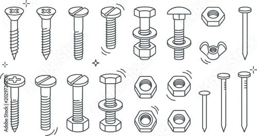Fastener Vector Collection Featuring Screws, Bolts, Nuts, Washers, Wing Nuts, and Nails in Simple Line Style
