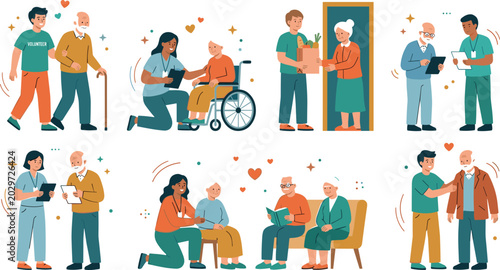 Elder Care and Caregiving Vector Collection Featuring Compassionate Healthcare Professionals Assisting Seniors with Mobility, Reading, and Medical Support