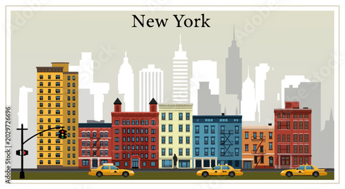 Принти на полотні New York City cityscape vector illustration with yellow cabs and buildings - vib