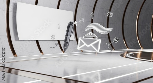 Conceptual visualization of global newsletter infrastructure governance featuring floating pen and envelope sculptures in a prestigious futuristic architectural void.