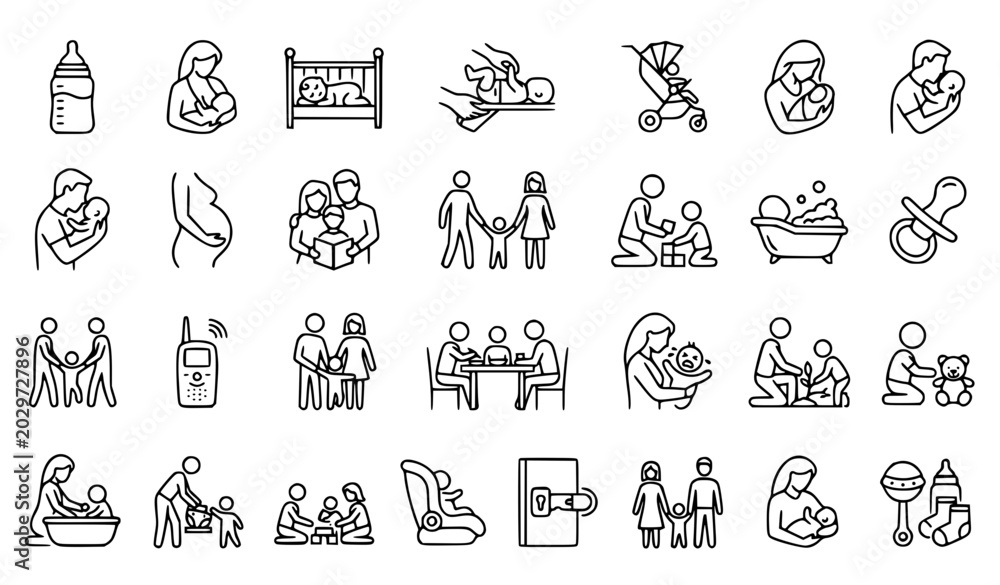 Fototapeta premium Family icons set baby care motherhood fatherhood thin line vector illustration