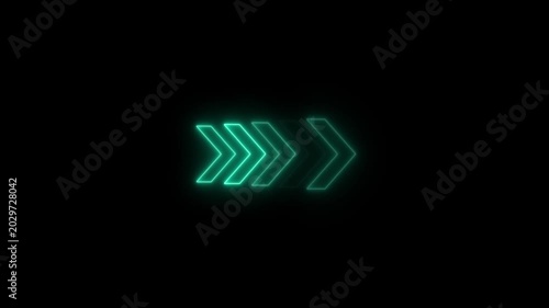 Direction concept, Neon arrow icon, Arrows indicates the direction of the overlay video layer on black background. Cyan neon looping arrow icon animation.