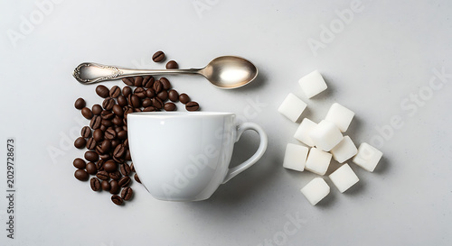 Coffee cup with coffee beans sugar cubes and spoon
