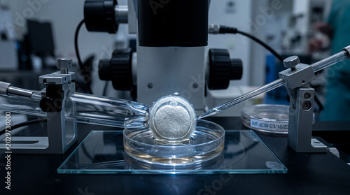 Meticulous micromanipulation under a powerful microscope, guiding a tiny cell towards the dawn of new beginnings in a modern fertility clinic
