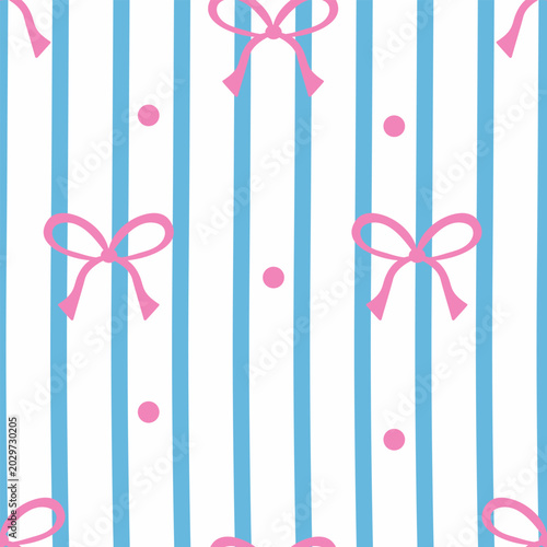 Bild auf Leinwand Cute seamless pattern with pink bows and polka dots on blue and white vertical stripes