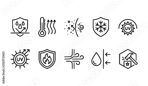 Foto Minimal Environmental Resistance Line Icons Collection with Heat, Water, Dust an