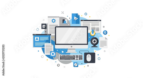 Modern Desktop Computer Setup with Web Windows, Documents, and Productivity Icons for Remote Work and Software Development Concept