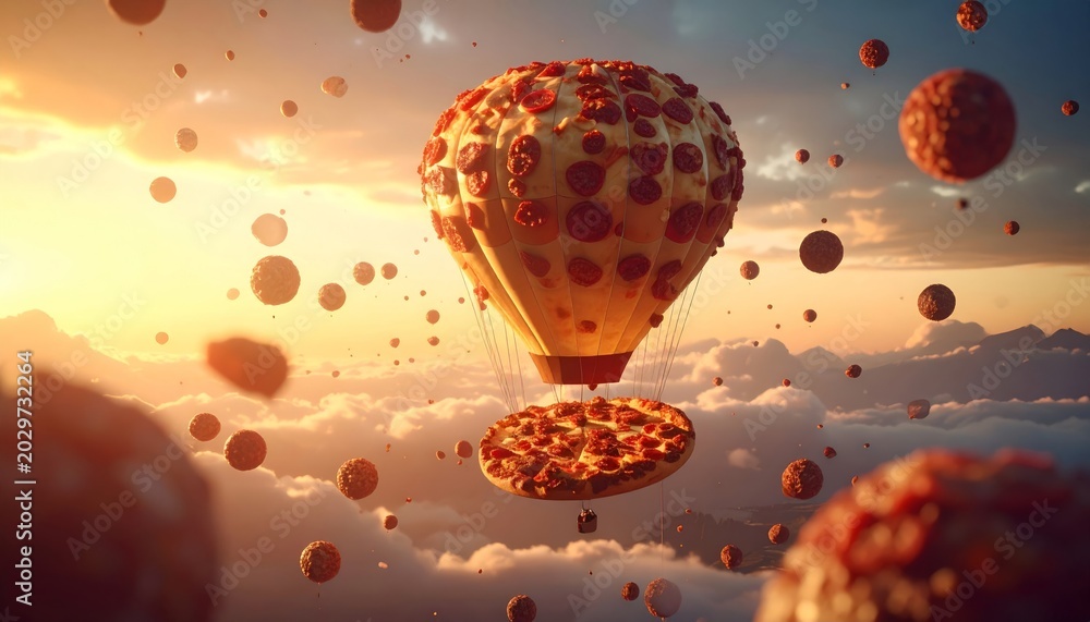 Fototapeta premium Giant Pizza Hot Air Balloon Floats Above Clouds