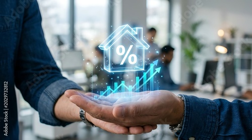 Financial advisor projecting house loan percentage rates and growing sales charts over a bokeh background of busy office employees