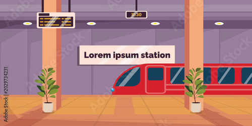 Vector illustration of a modern metro station. Cartoon scene of a railway station with a platform, arrival and departure board, clock, signboard, red high-speed train, lamps, flowerpots with plants.